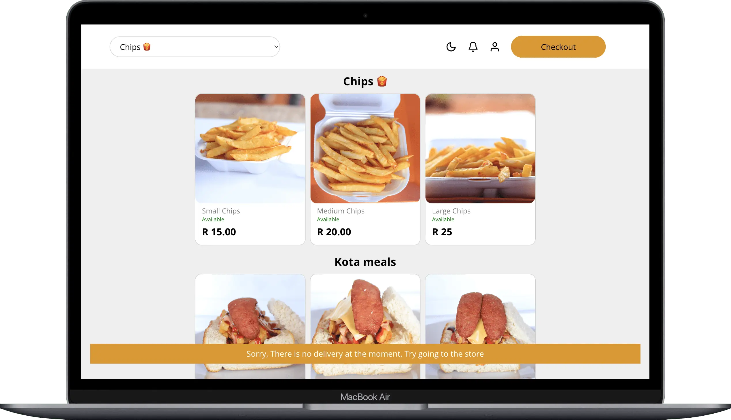 Food display, Add to cart, Food ordering, Order tracker